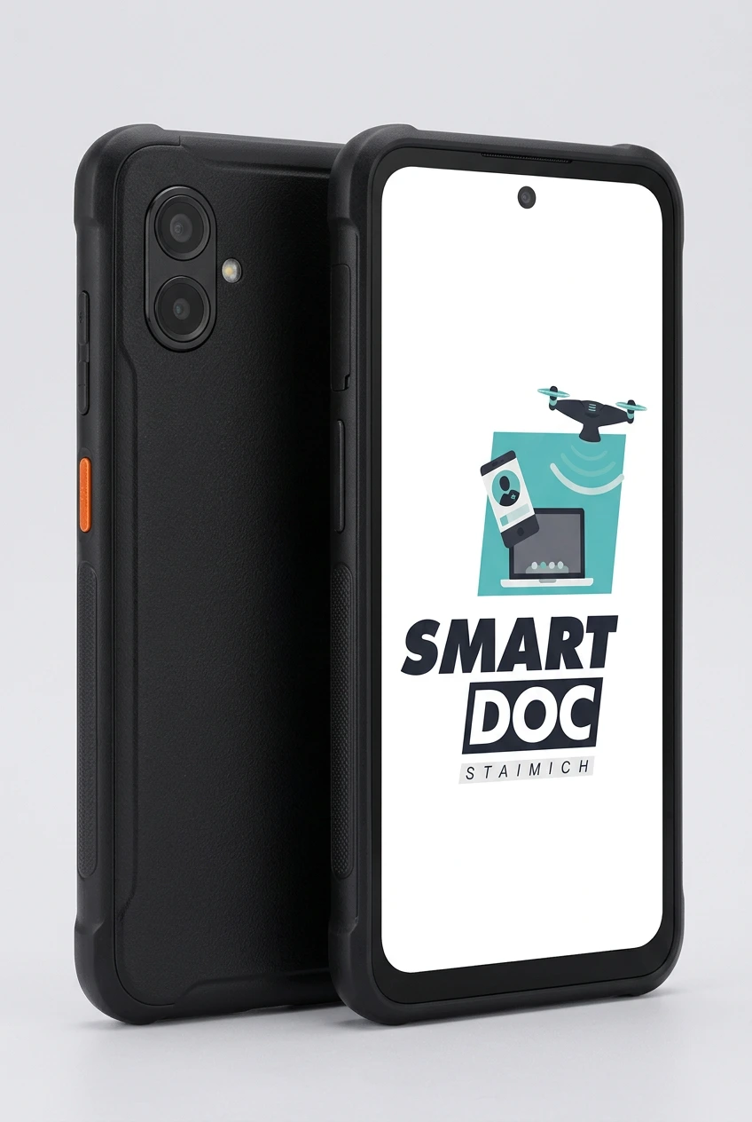 Galaxy X Cover 6 Pro mit SmartDoc-Staimich-Logo auf dem Display, dahinter ein zweites Galaxy X Cover 6 Pro von hinten