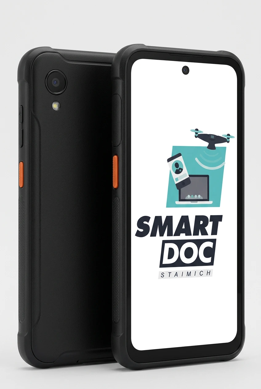 Galaxy X Cover 7 mit SmartDoc-Staimich-Logo auf dem Display, dahinter ein zweites Galaxy X Cover 7 von hinten