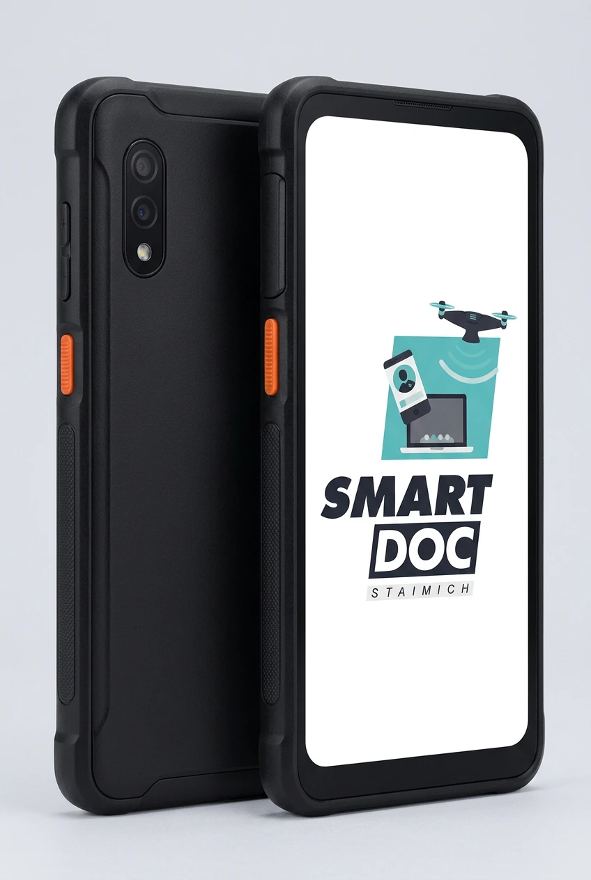 Galaxy X Cover Pro mit SmartDoc-Staimich-Logo auf dem Display, dahinter ein zweites Galaxy X Cover Pro von hinten