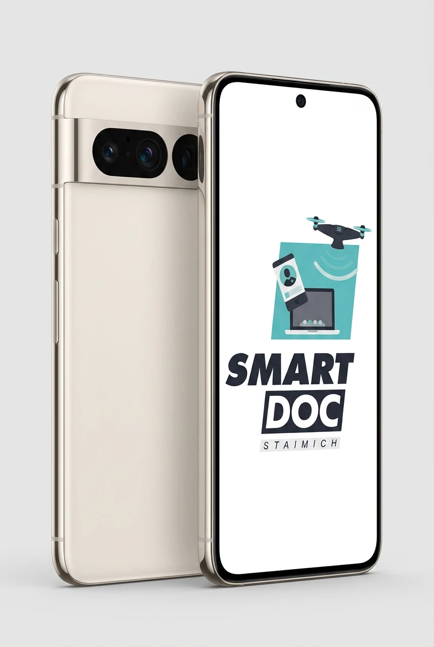 Google Pixel 10 Pro mit SmartDoc-Staimich-Logo auf dem Display, dahinter ein zweites Google Pixel 10 Pro von hinten