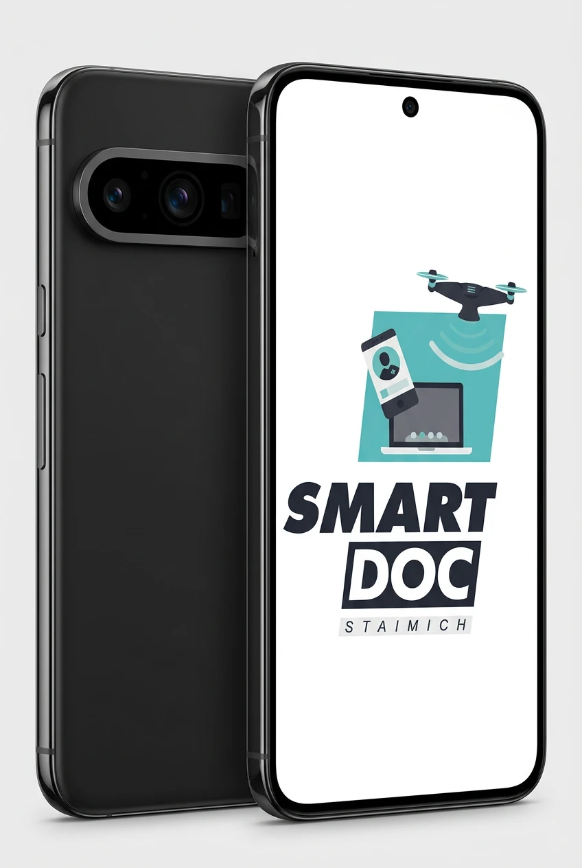Google Pixel 10 Pro XL mit SmartDoc-Staimich-Logo auf dem Display, dahinter ein zweites Google Pixel 10 Pro XL von hinten
