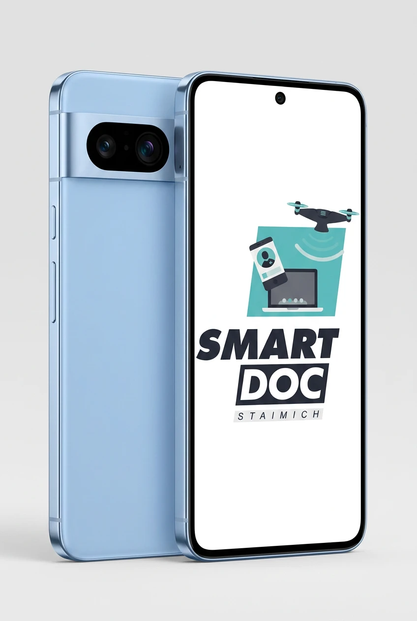 Google Pixel 10 mit SmartDoc-Staimich-Logo auf dem Display, dahinter ein zweites Google Pixel 10 von hinten