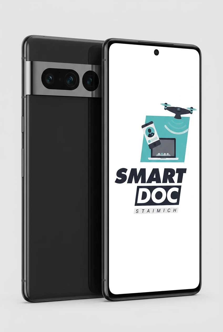 Google Pixel 7 Pro mit SmartDoc-Staimich-Logo auf dem Display, dahinter ein zweites Google Pixel 7 Pro von hinten