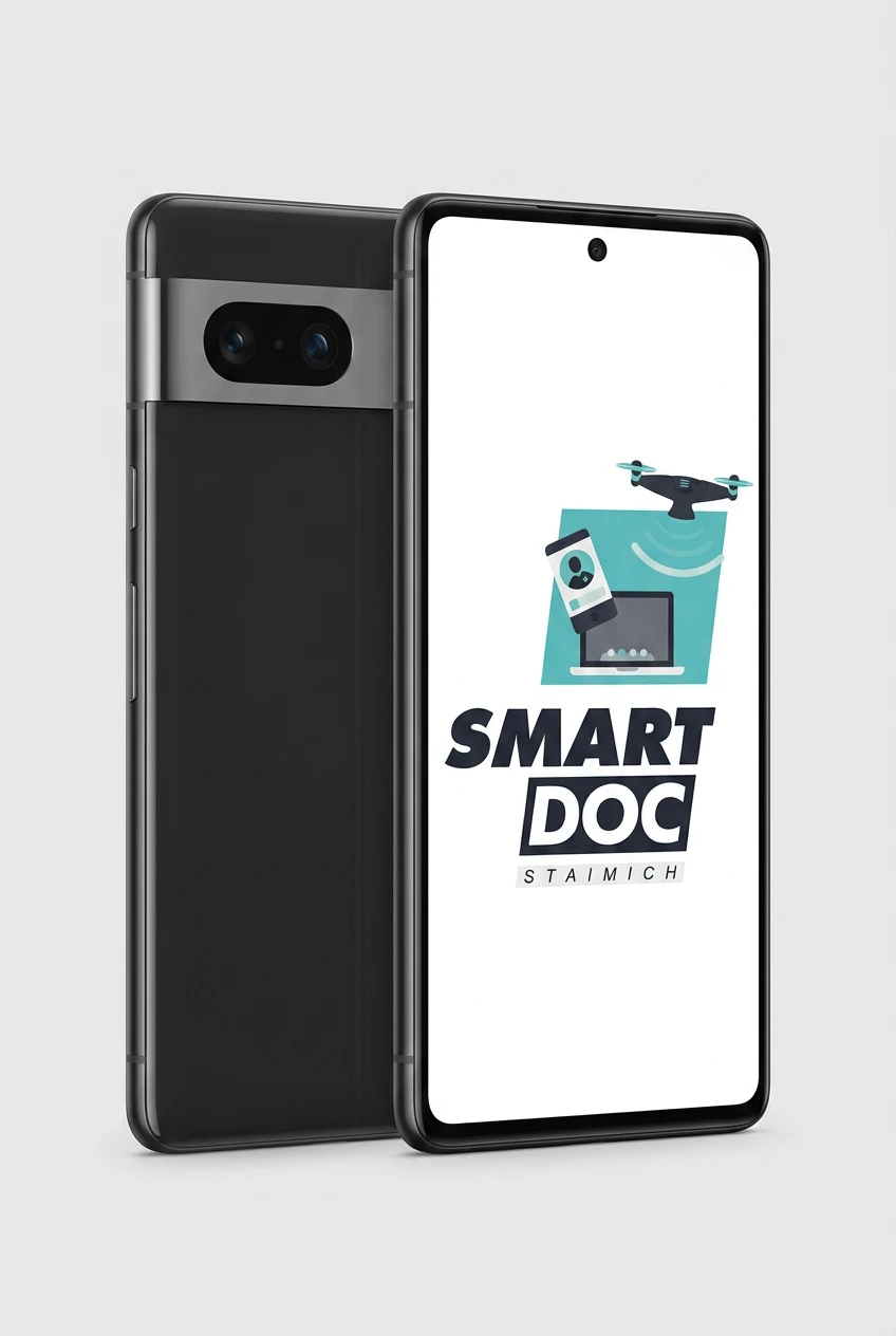 Google Pixel 7 mit SmartDoc-Staimich-Logo auf dem Display, dahinter ein zweites Google Pixel 7 von hinten