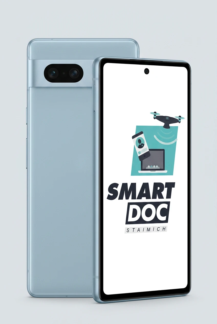 Google Pixel 7a mit SmartDoc-Staimich-Logo auf dem Display, dahinter ein zweites Google Pixel 7a von hinten