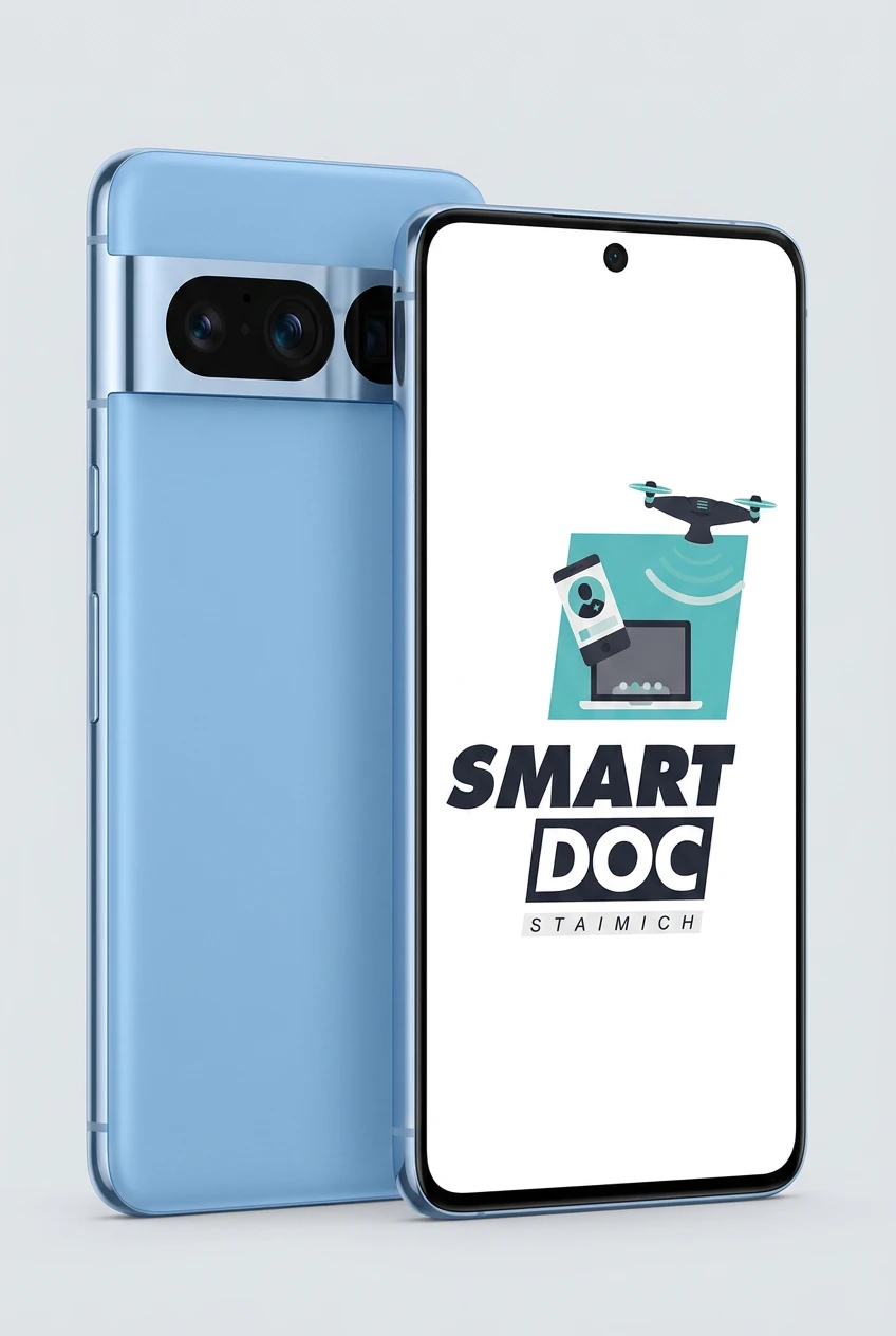 Google Pixel 8 Pro mit SmartDoc-Staimich-Logo auf dem Display, dahinter ein zweites Google Pixel 8 Pro von hinten
