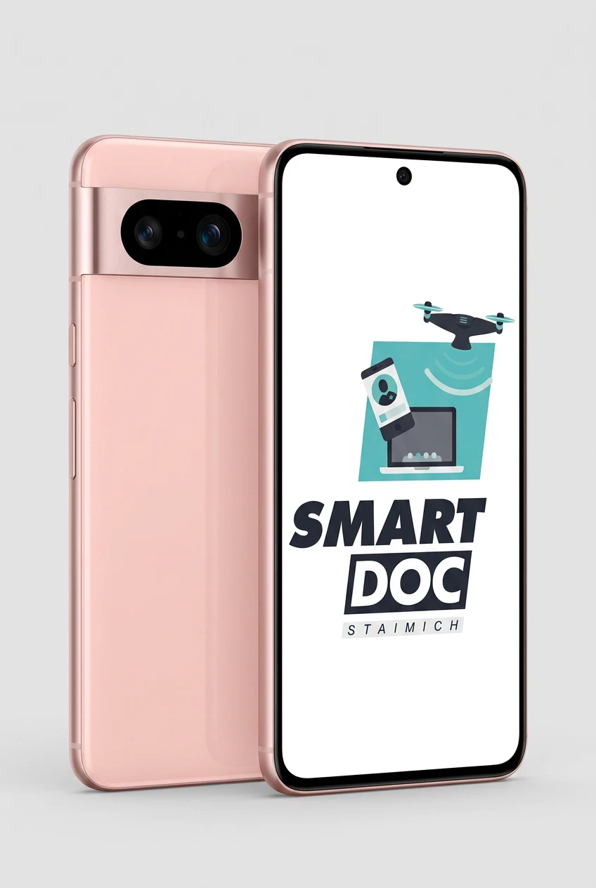 Google Pixel 8 mit SmartDoc-Staimich-Logo auf dem Display, dahinter ein zweites Google Pixel 8 von hinten