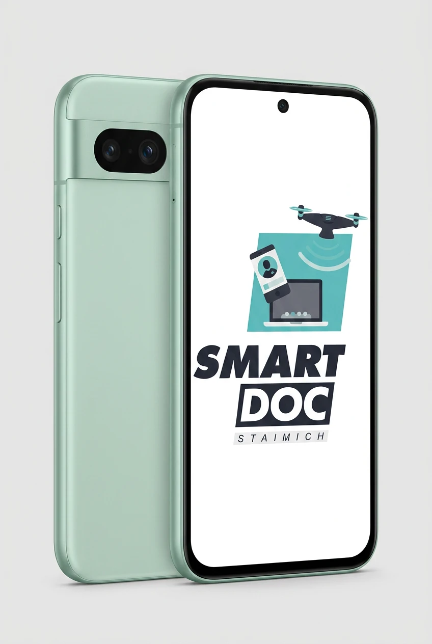 Google Pixel 8a mit SmartDoc-Staimich-Logo auf dem Display, dahinter ein zweites Google Pixel 8a von hinten