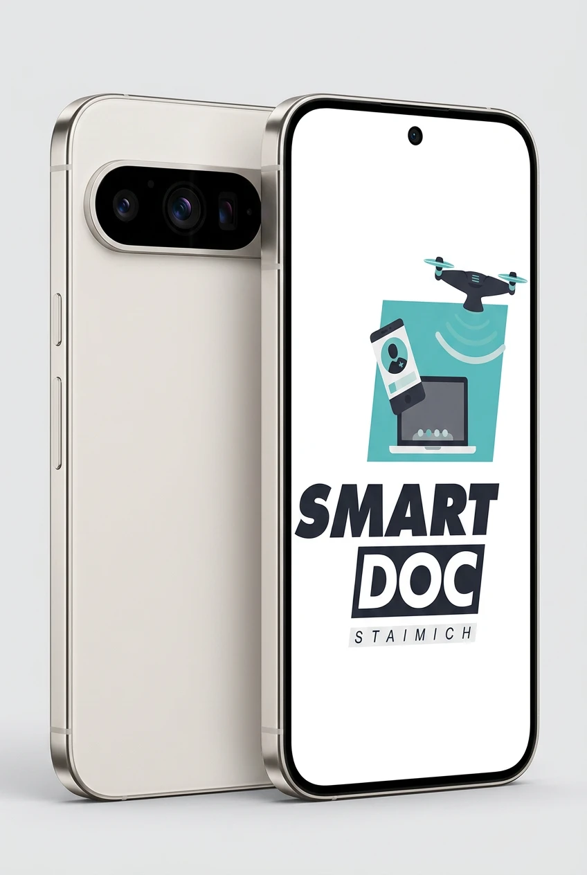 Google Pixel 9 Pro mit SmartDoc-Staimich-Logo auf dem Display, dahinter ein zweites Google Pixel 9 Pro von hinten