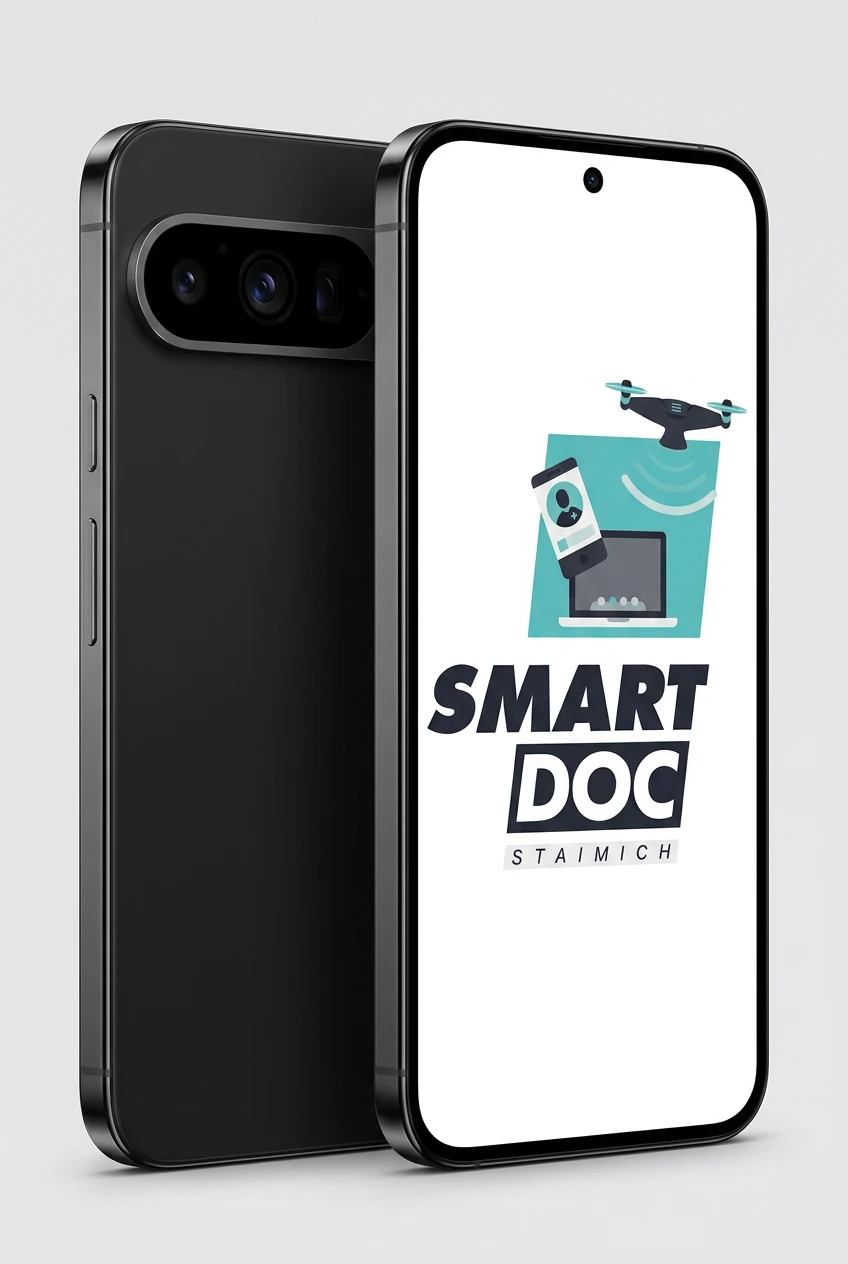 Google Pixel 9 Pro XL mit SmartDoc-Staimich-Logo auf dem Display, dahinter ein zweites Google Pixel 9 Pro XL von hinten