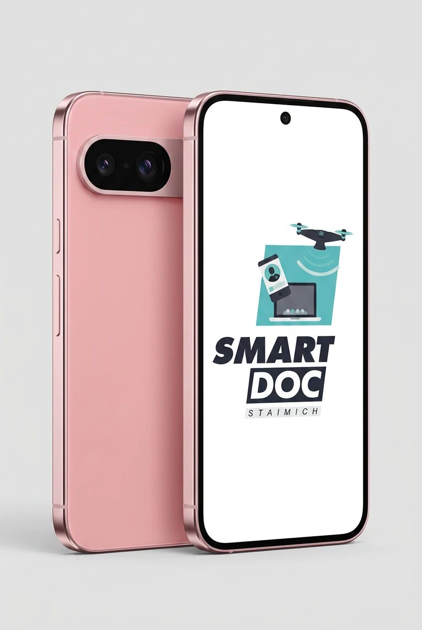 Google Pixel 9 mit SmartDoc-Staimich-Logo auf dem Display, dahinter ein zweites Google Pixel 9 von hinten