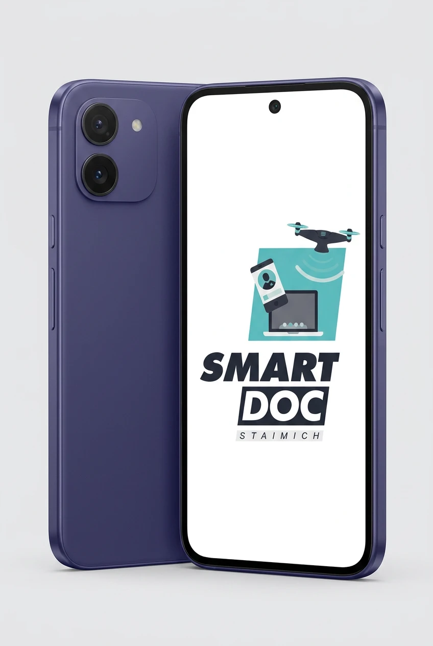 Google Pixel 9a mit SmartDoc-Staimich-Logo auf dem Display, dahinter ein zweites Google Pixel 9a von hinten