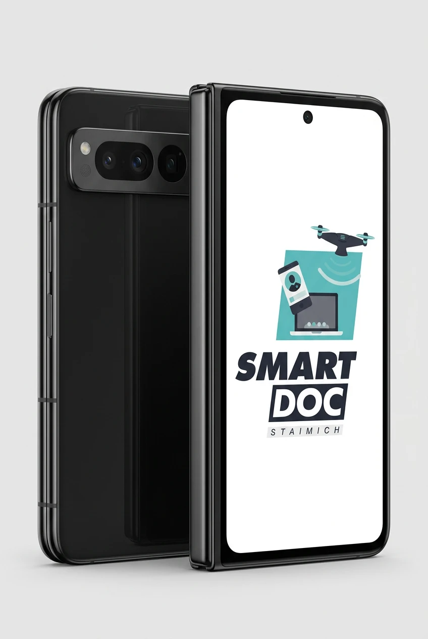 Google Pixel Fold mit SmartDoc-Staimich-Logo auf dem Display, dahinter ein zweites Google Pixel Fold von hinten