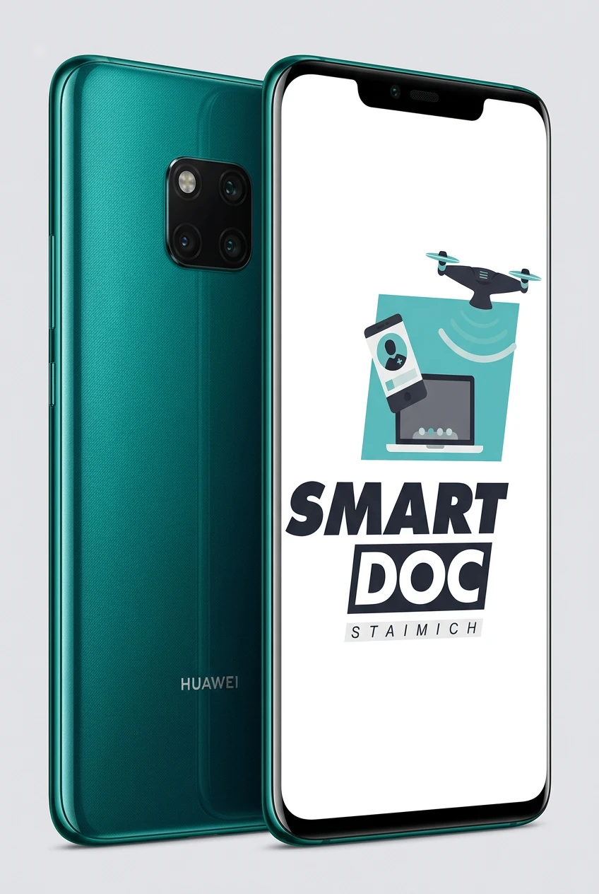Huawei Mate 20 Pro mit SmartDoc-Staimich-Logo auf dem Display, dahinter ein zweites Huawei Mate 20 Pro von hinten