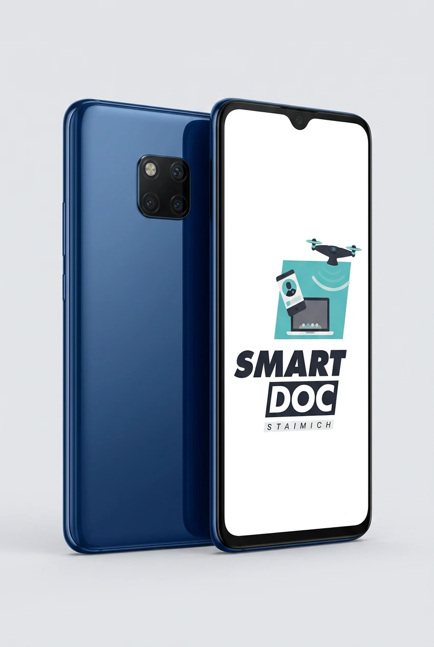 Huawei Mate 20 mit SmartDoc-Staimich-Logo auf dem Display, dahinter ein zweites Huawei Mate 20 von hinten