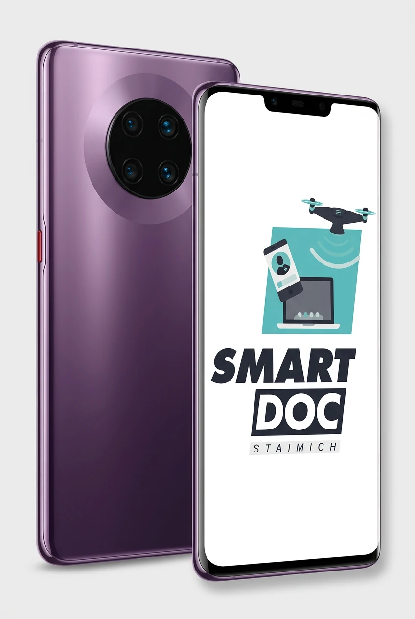 Huawei Mate 30 Pro mit SmartDoc-Staimich-Logo auf dem Display, dahinter ein zweites Huawei Mate 30 Pro von hinten