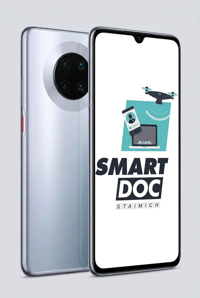 Huawei Mate 30 mit SmartDoc-Staimich-Logo auf dem Display, dahinter ein zweites Huawei Mate 30 von hinten