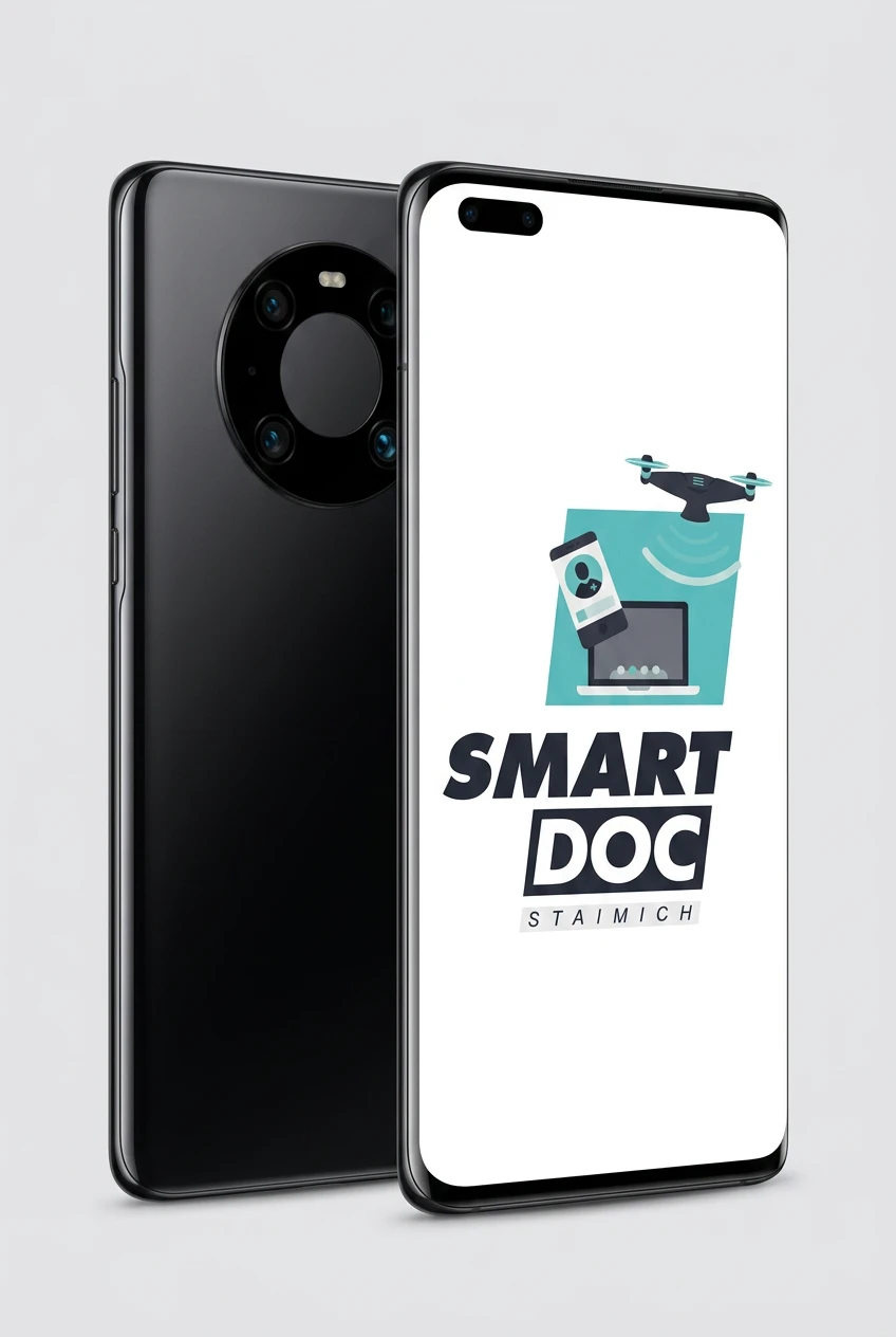 Huawei Mate 40 Pro mit SmartDoc-Staimich-Logo auf dem Display, dahinter ein zweites Huawei Mate 40 Pro von hinten