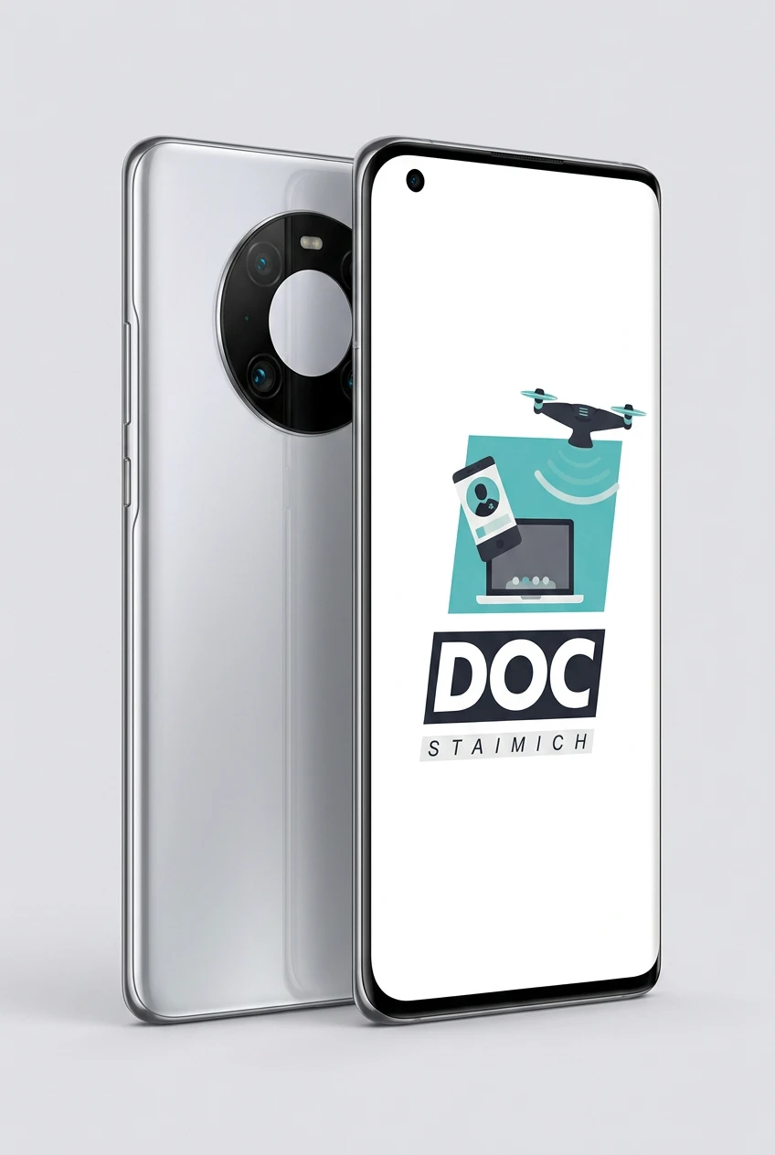 Huawei Mate 40 mit SmartDoc-Staimich-Logo auf dem Display, dahinter ein zweites Huawei Mate 40 von hinten