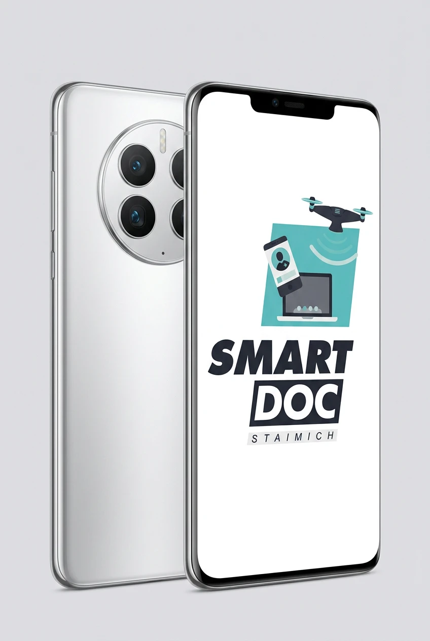 Huawei Mate 50 Pro mit SmartDoc-Staimich-Logo auf dem Display, dahinter ein zweites Huawei Mate 50 Pro von hinten