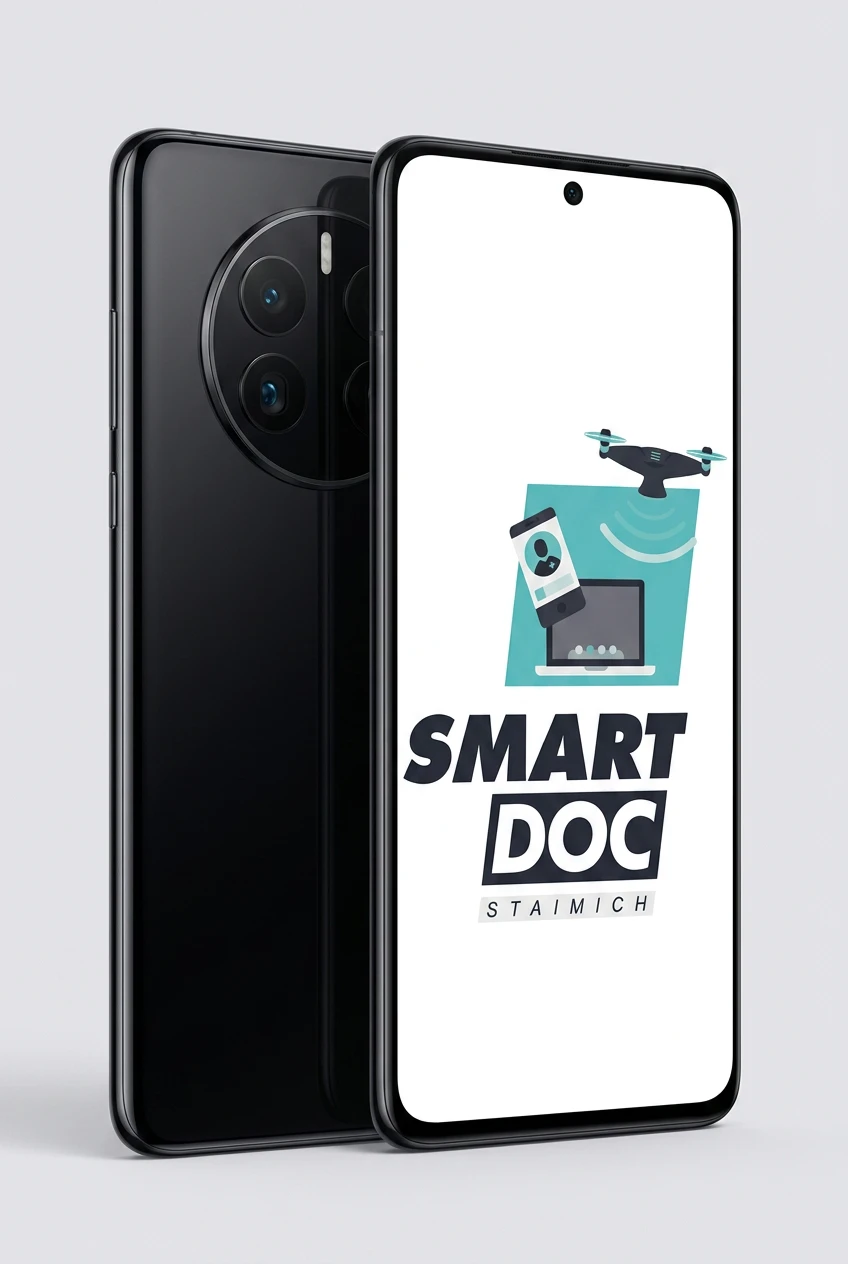 Huawei Mate 50 mit SmartDoc-Staimich-Logo auf dem Display, dahinter ein zweites Huawei Mate 50 von hinten