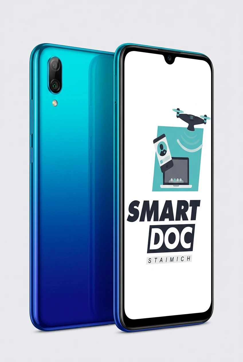 Huawei P Smart 2020 mit SmartDoc-Staimich-Logo auf dem Display, dahinter ein zweites Huawei P Smart 2020 von hinten