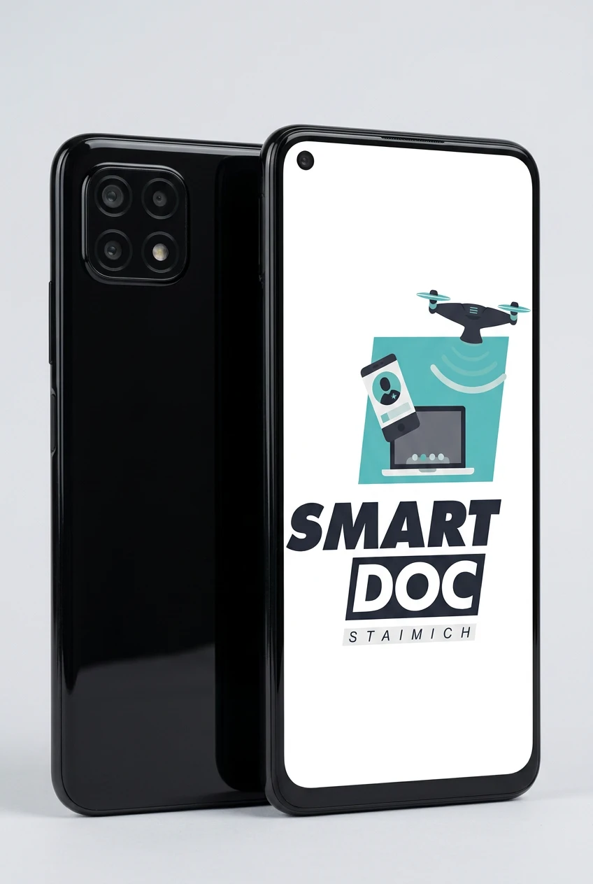 Huawei P Smart 2021 mit SmartDoc-Staimich-Logo auf dem Display, dahinter ein zweites Huawei P Smart 2021 von hinten
