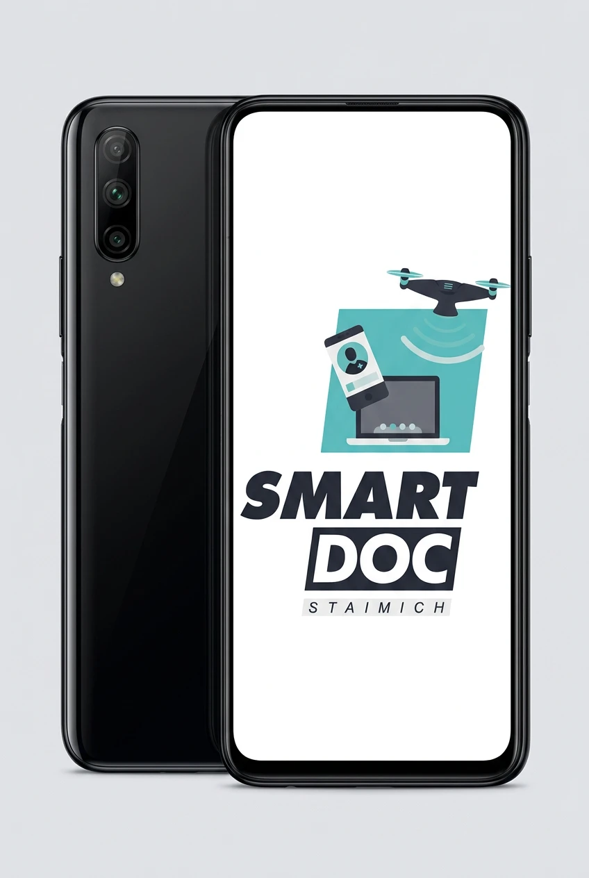 Huawei P Smart Pro mit SmartDoc-Staimich-Logo auf dem Display, dahinter ein zweites Huawei P Smart Pro von hinten