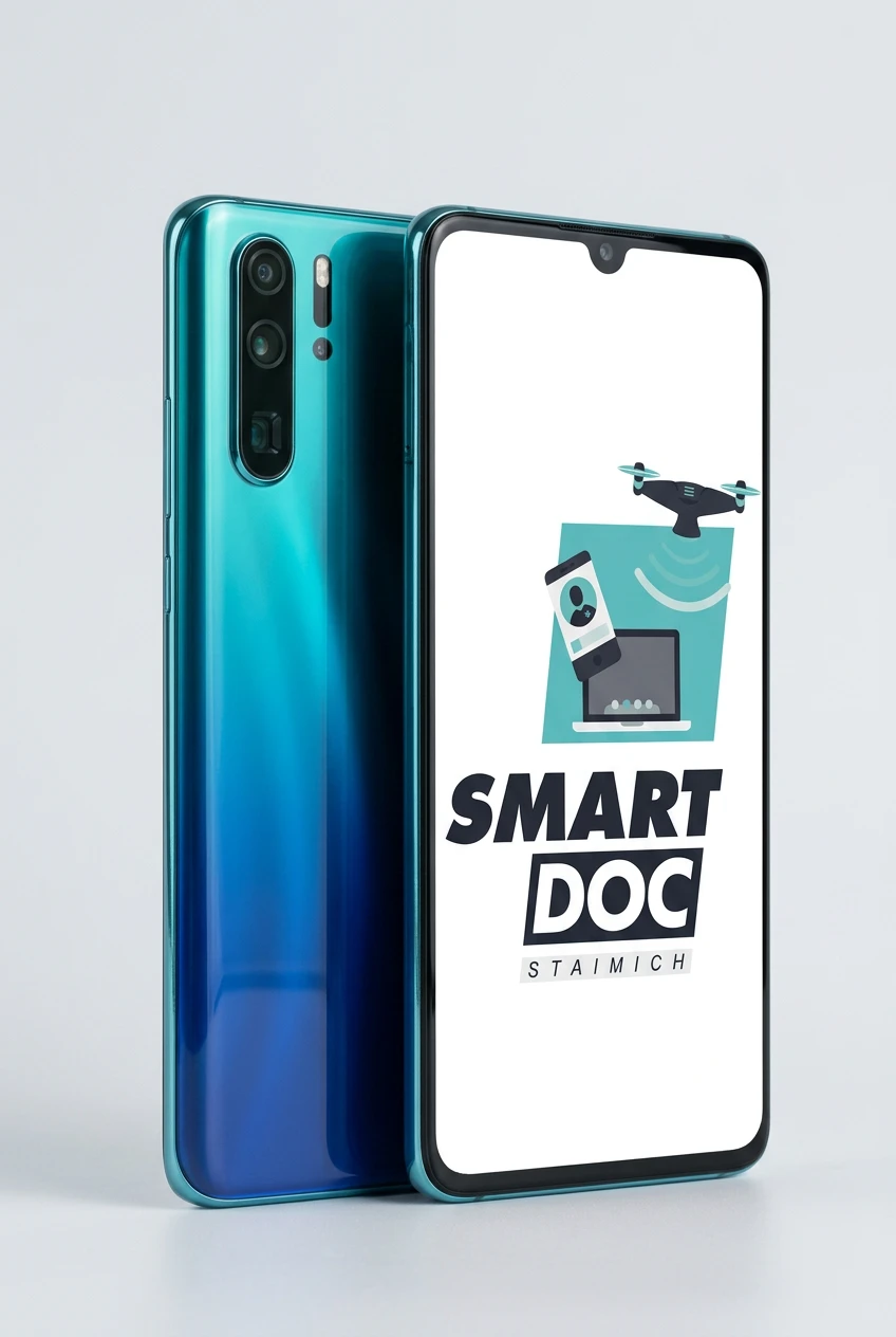 Huawei P30 Pro New Edition mit SmartDoc-Staimich-Logo auf dem Display, dahinter ein zweites Huawei P30 Pro New Edition von hinten