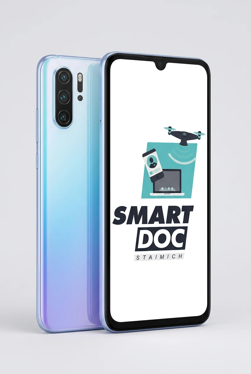 Huawei P30 mit SmartDoc-Staimich-Logo auf dem Display, dahinter ein zweites Huawei P30 von hinten