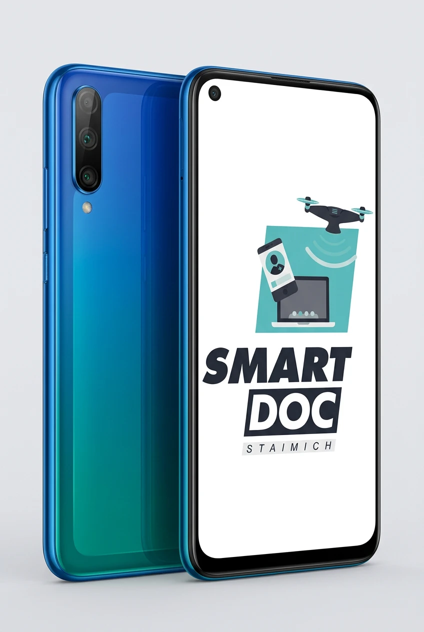 Huawei P40 Lite E mit SmartDoc-Staimich-Logo auf dem Display, dahinter ein zweites Huawei P40 Lite E von hinten