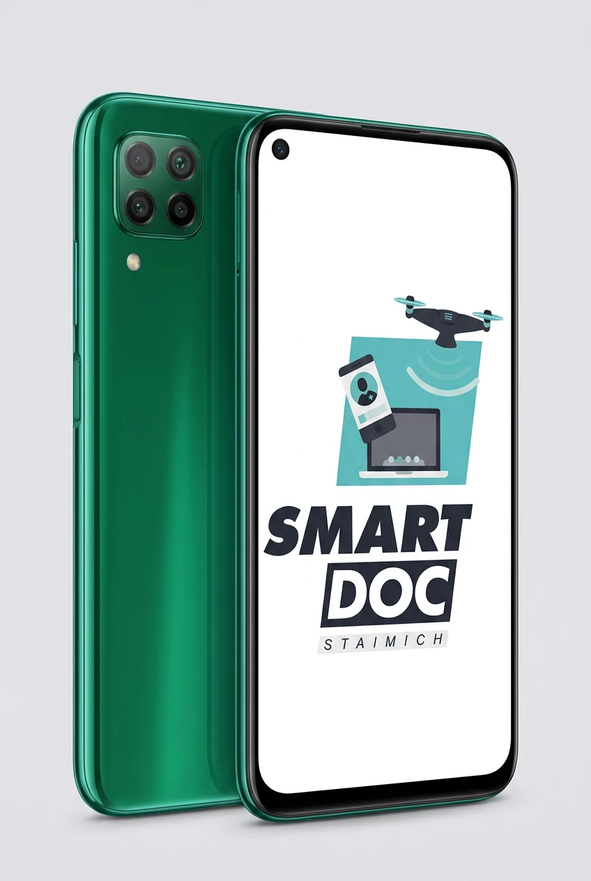 Huawei P40 Lite mit SmartDoc-Staimich-Logo auf dem Display, dahinter ein zweites Huawei P40 Lite von hinten