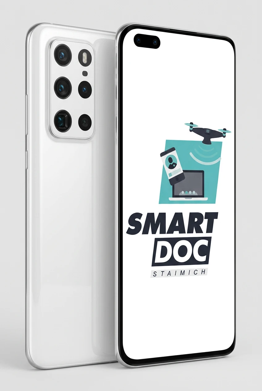 Huawei P40 Pro+ mit SmartDoc-Staimich-Logo auf dem Display, dahinter ein zweites Huawei P40 Pro+ von hinten