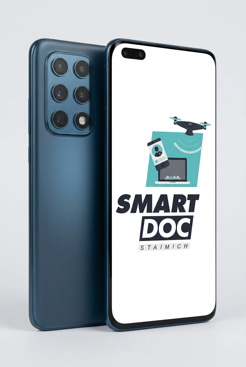 Huawei P40 Pro mit SmartDoc-Staimich-Logo auf dem Display, dahinter ein zweites Huawei P40 Pro von hinten
