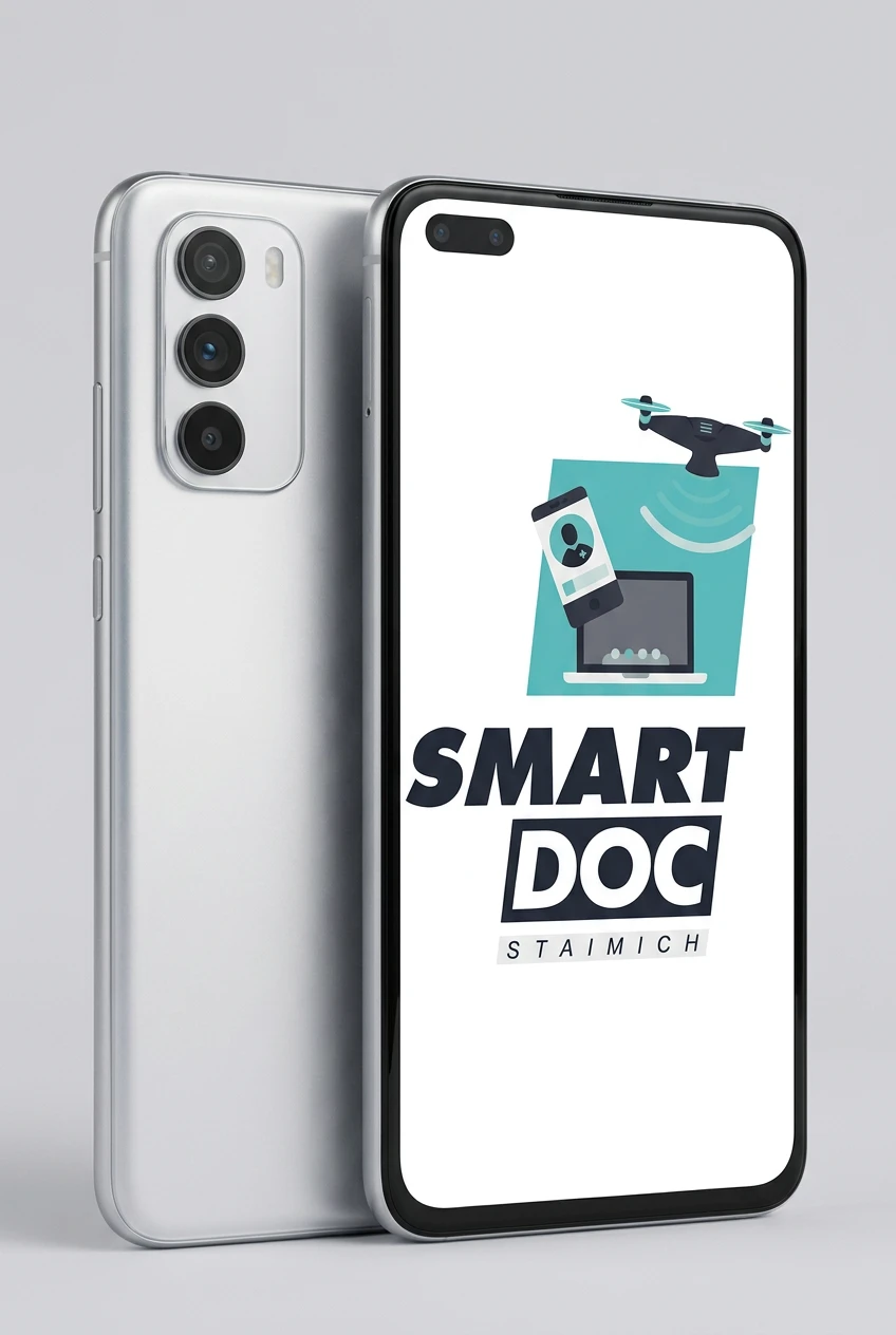 Huawei P40 mit SmartDoc-Staimich-Logo auf dem Display, dahinter ein zweites Huawei P40 von hinten