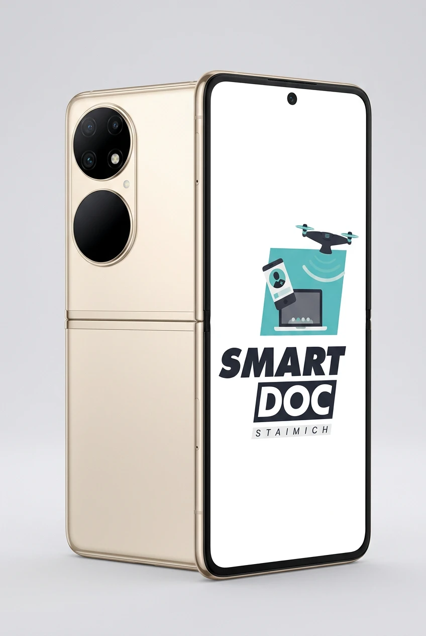 Huawei P50 Pocket mit SmartDoc-Staimich-Logo auf dem Display, dahinter ein zweites Huawei P50 Pocket von hinten