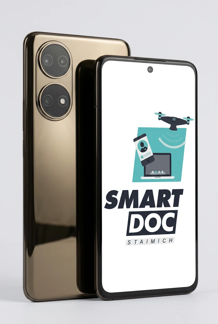 Huawei P50 Pro mit SmartDoc-Staimich-Logo auf dem Display, dahinter ein zweites Huawei P50 Pro von hinten