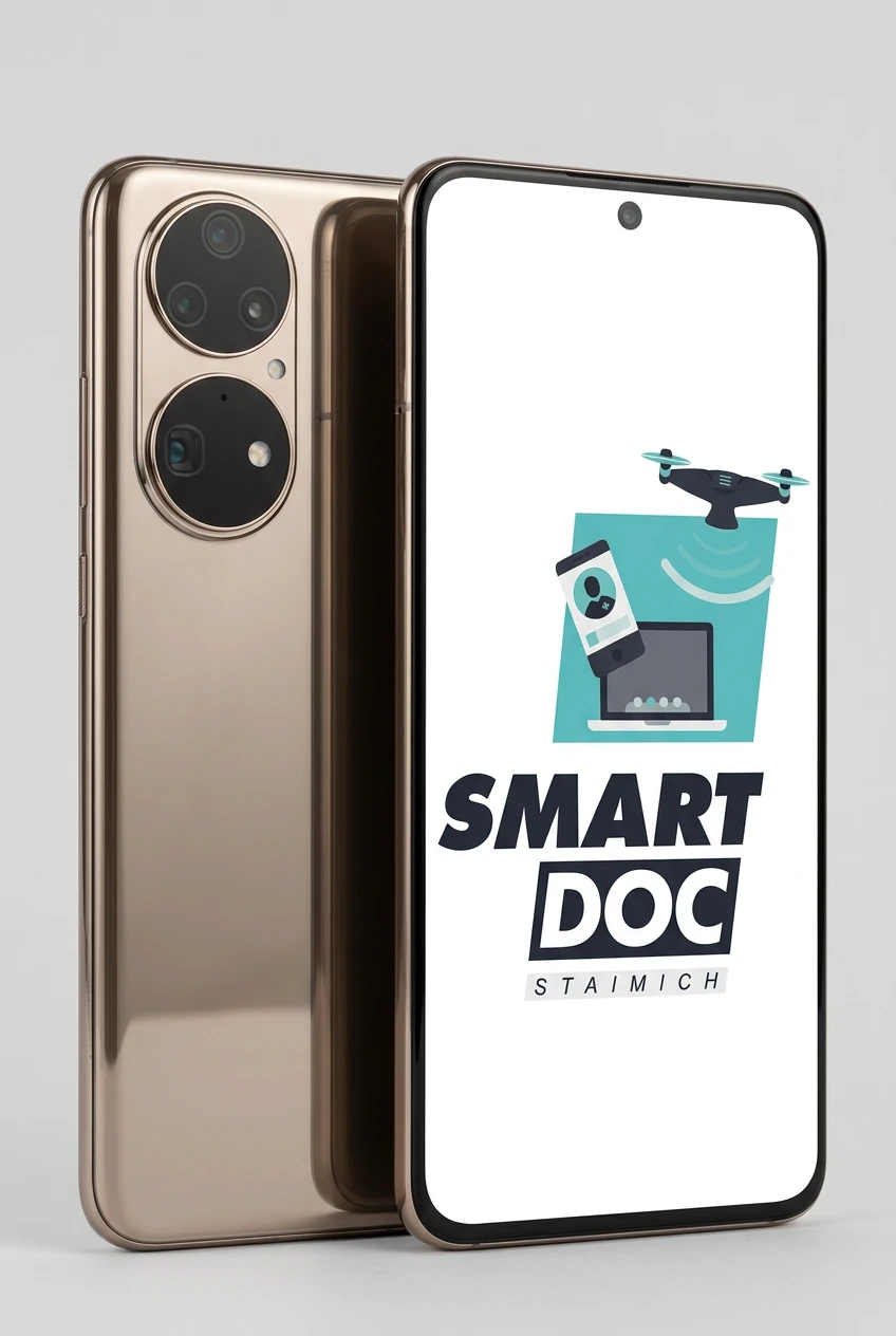 Huawei P50 mit SmartDoc-Staimich-Logo auf dem Display, dahinter ein zweites Huawei P50 von hinten