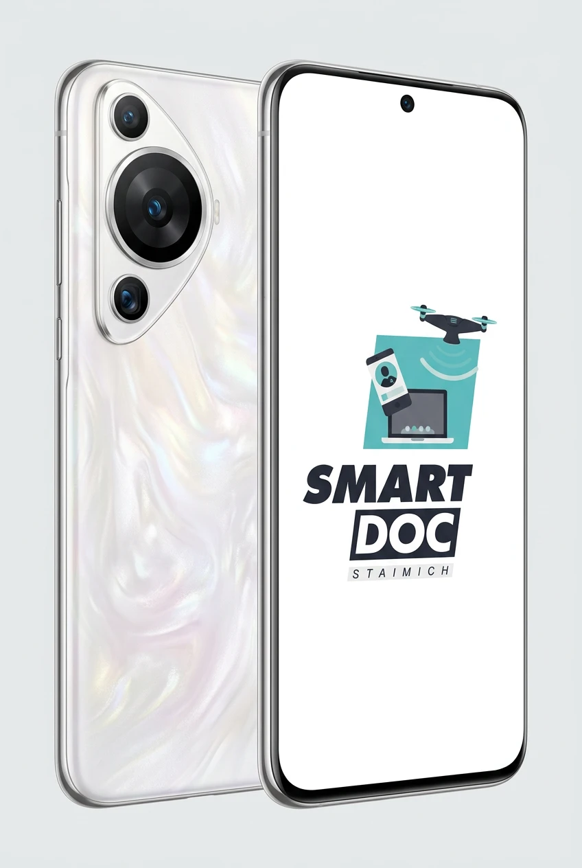 Huawei P60 Pro mit SmartDoc-Staimich-Logo auf dem Display, dahinter ein zweites Huawei P60 Pro von hinten