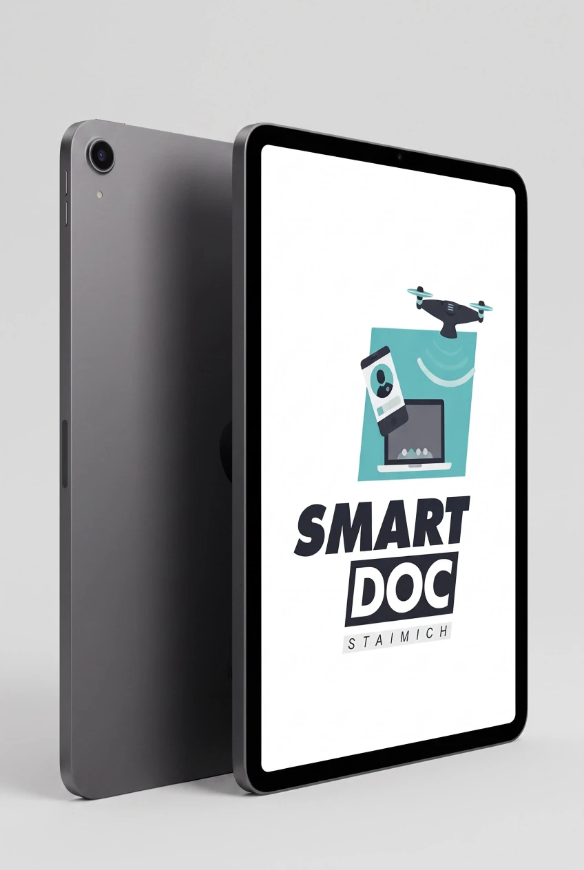 iPad mini (A17 Pro) mit SmartDoc-Staimich-Logo auf dem Display, dahinter ein zweites iPad mini von hinten