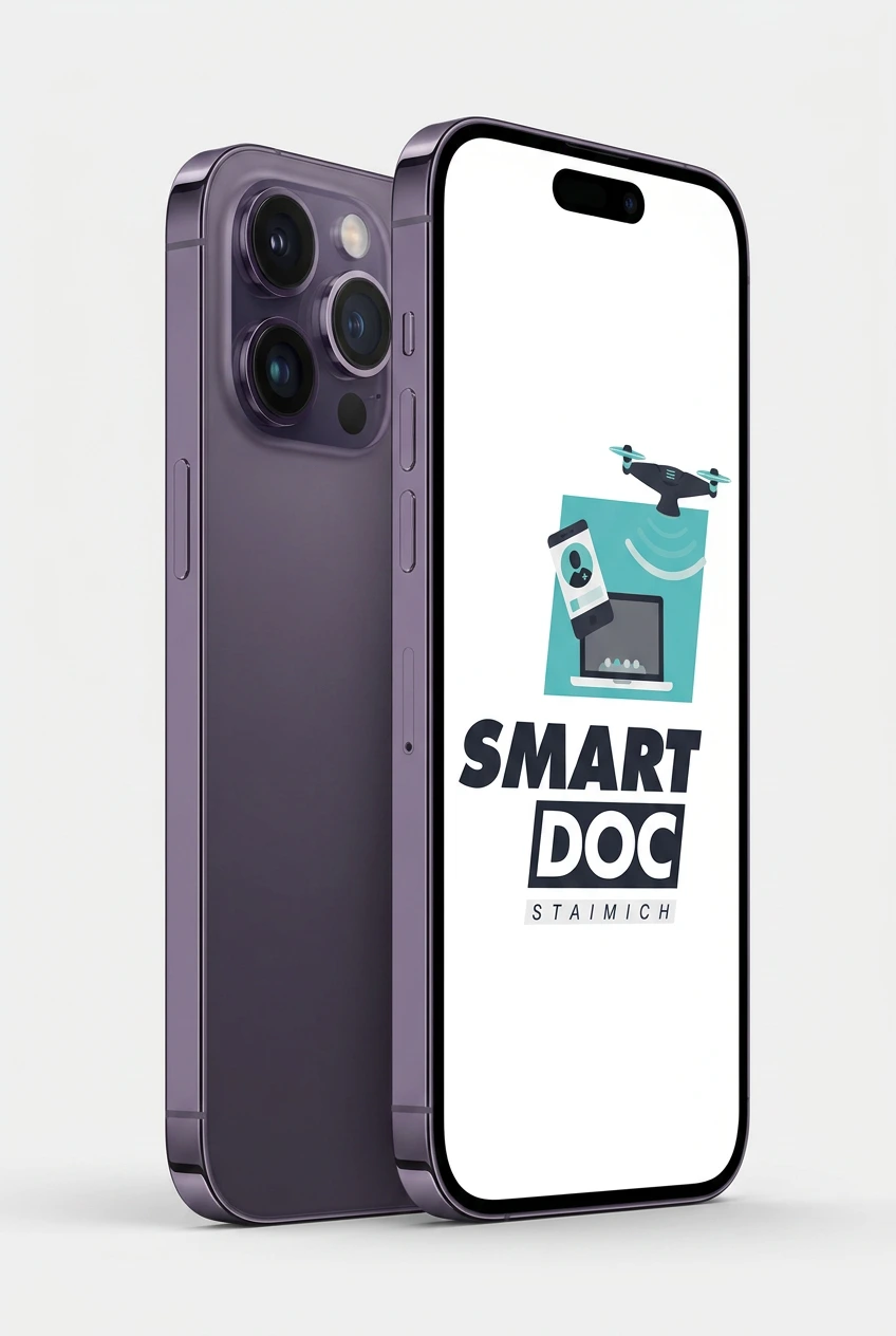 iPhone 14 Pro Max mit SmartDoc-Staimich-Logo auf dem Display, dahinter ein zweites iPhone 14 Pro Max von hinten