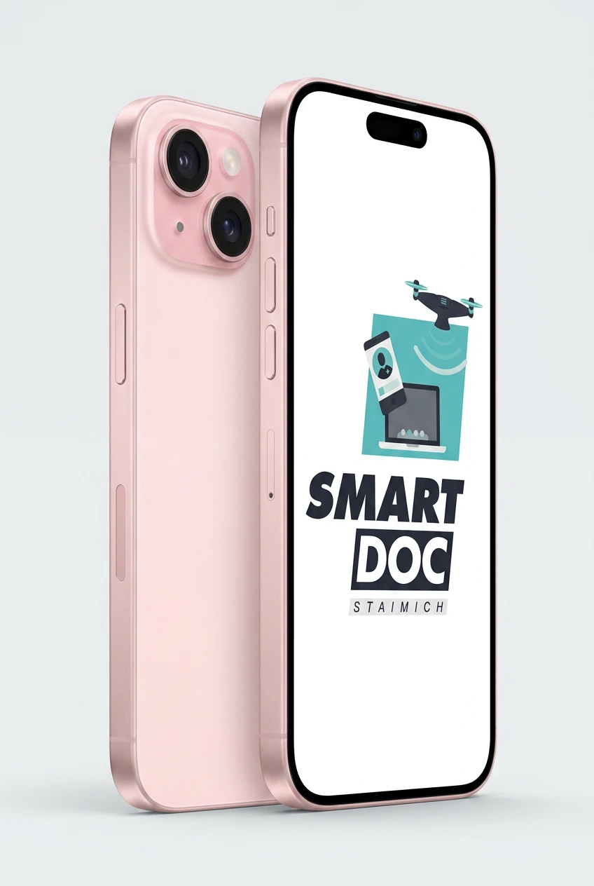 iPhone 15 Plus mit SmartDoc-Staimich-Logo auf dem Display, dahinter ein zweites iPhone 15 Plus von hinten