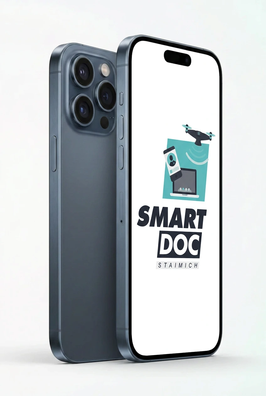 iPhone 15 Pro Max mit SmartDoc-Staimich-Logo auf dem Display, dahinter ein zweites iPhone 15 Pro Max von hinten