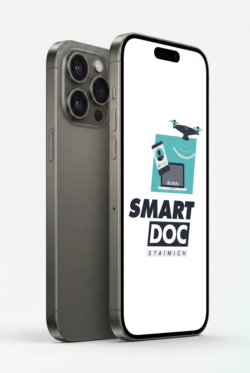 iPhone 15 Pro mit SmartDoc-Staimich-Logo auf dem Display, dahinter ein zweites iPhone 15 Pro von hinten