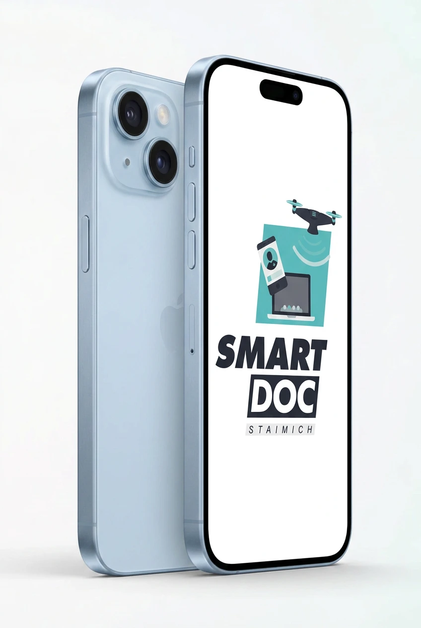 iPhone 15 mit SmartDoc-Staimich-Logo auf dem Display, dahinter ein zweites iPhone 15 von hinten