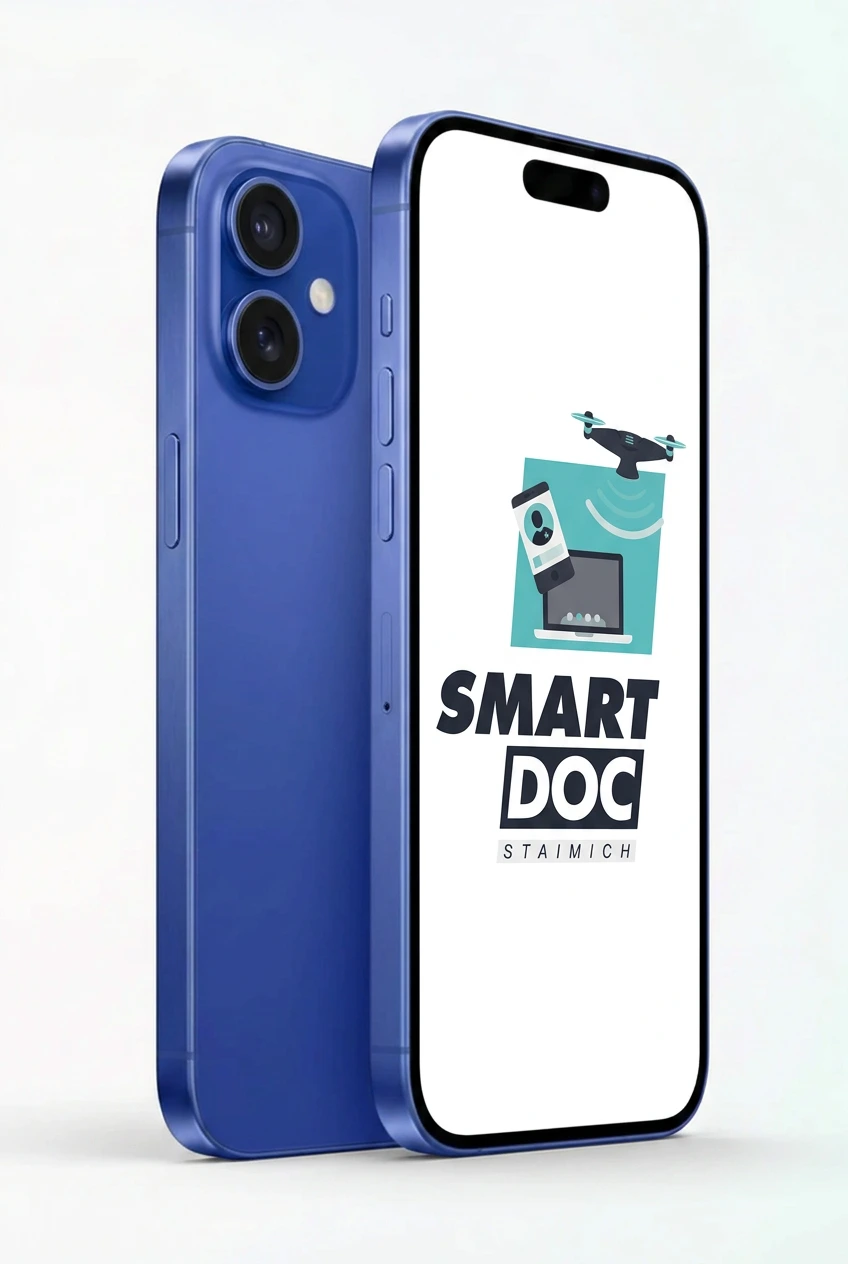 iPhone 16 Plus mit SmartDoc-Staimich-Logo auf dem Display, dahinter ein zweites iPhone 16 Plus von hinten