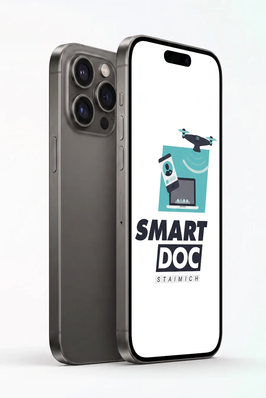 iPhone 16 Pro Max mit SmartDoc-Staimich-Logo auf dem Display, dahinter ein zweites iPhone von hinten