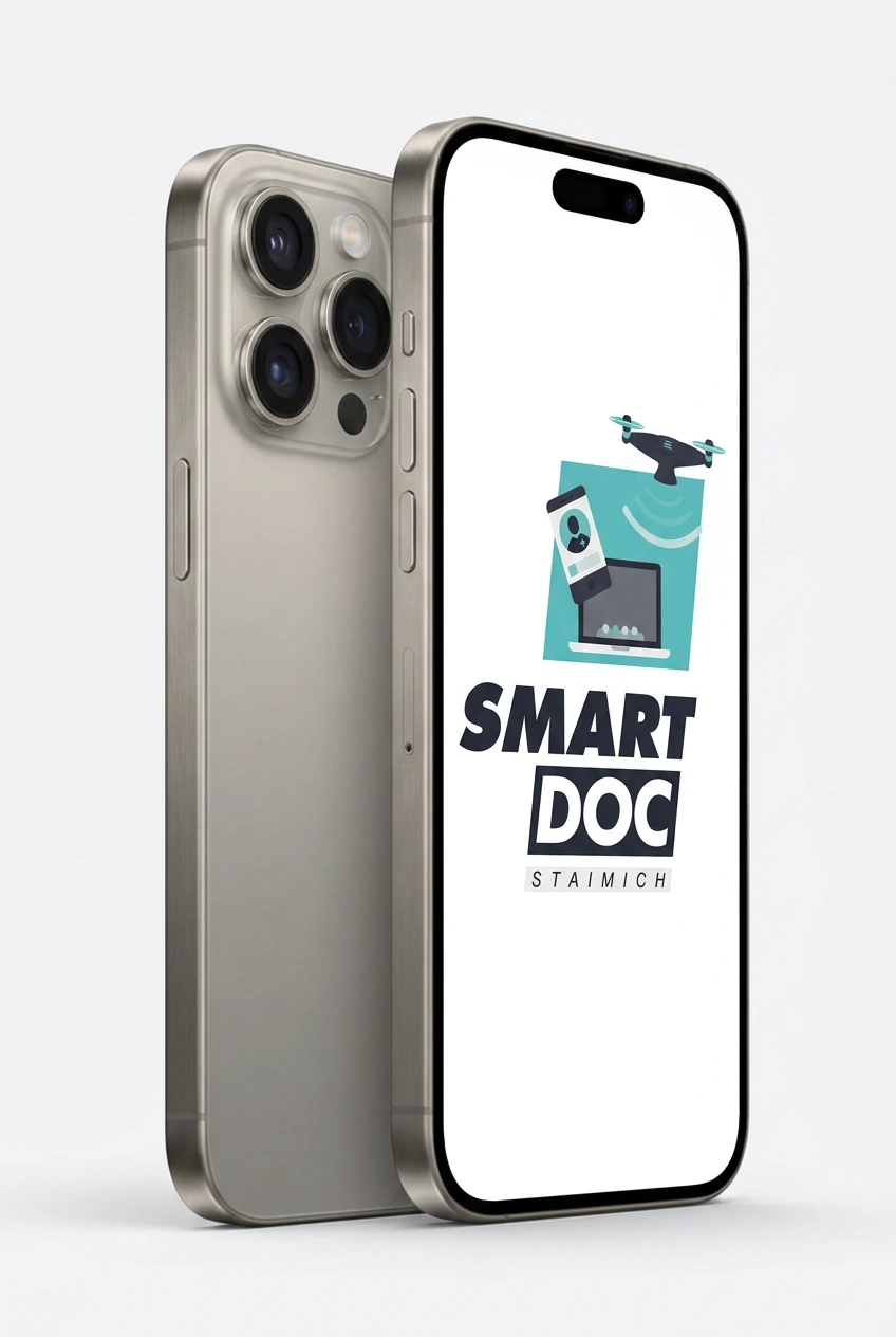 iPhone 16 Pro mit SmartDoc-Staimich-Logo auf dem Display, dahinter ein zweites iPhone 16 Pro von hinten