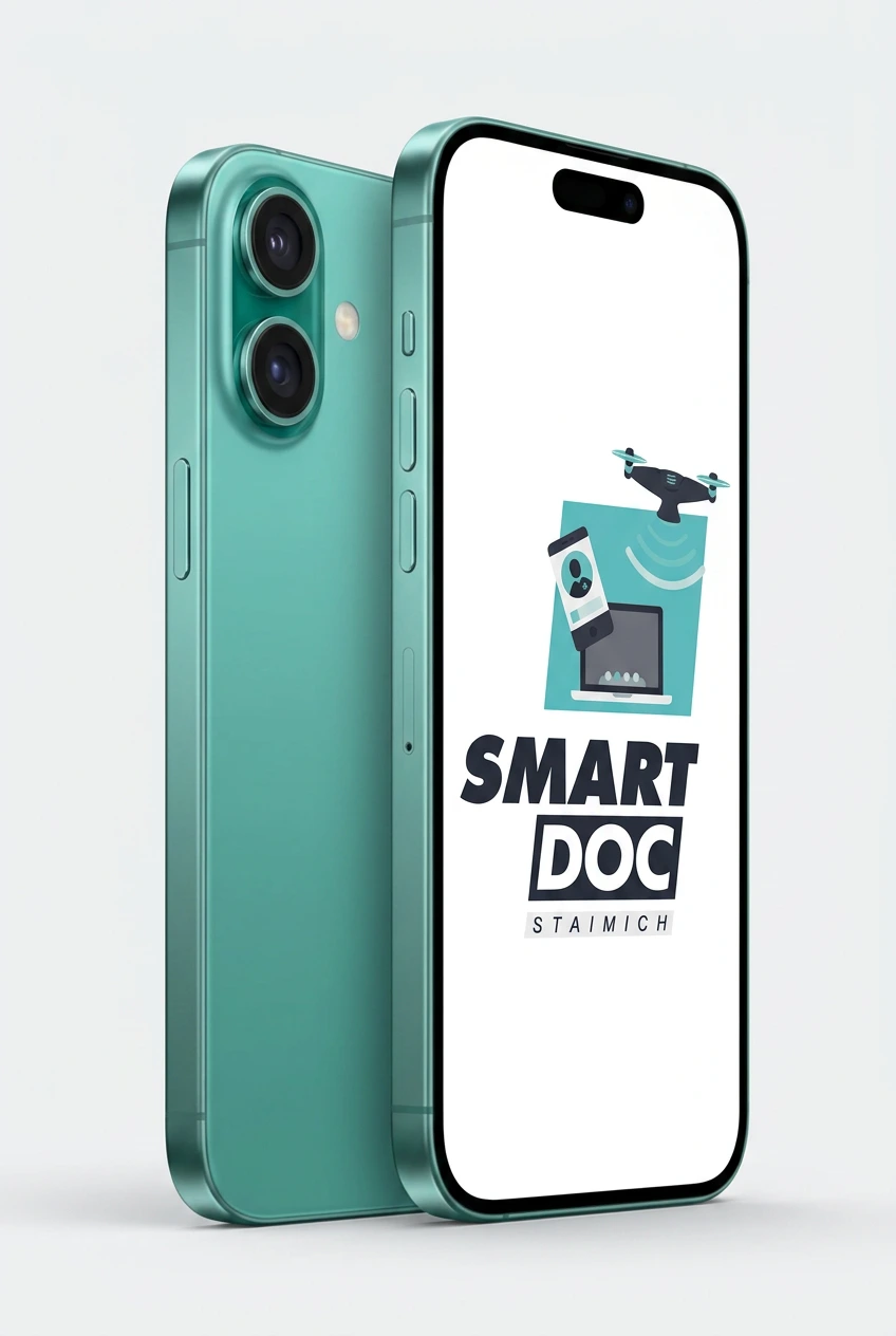 iPhone 16 mit SmartDoc-Staimich-Logo auf dem Display, dahinter ein zweites iPhone 16 von hinten