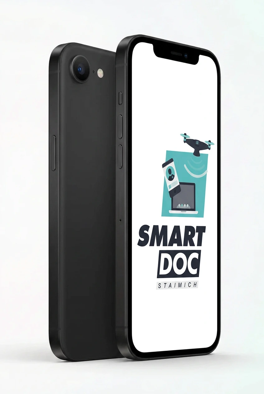iPhone 16e mit SmartDoc-Staimich-Logo auf dem Display, dahinter ein zweites iPhone 16e von hinten